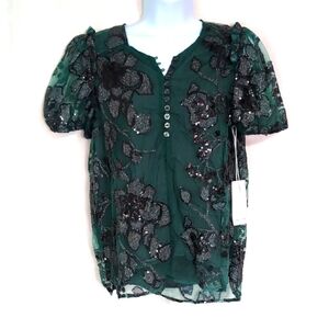 Dear John Emerald Green Black Floral Sequin Puff Sleeve Half Button Blouse Sz S